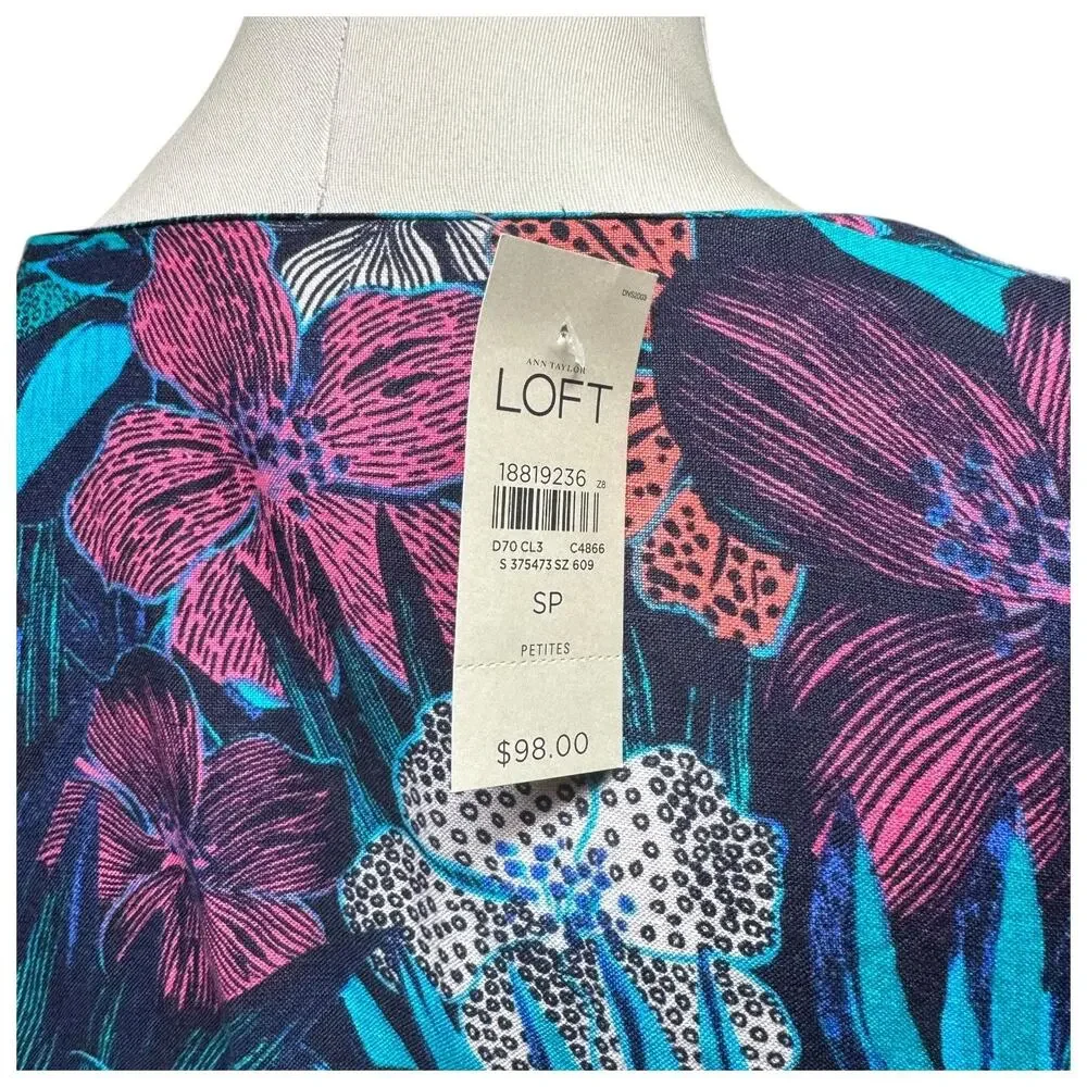 Ann Taylor Loft Linen Tropical Midi Dress Blue Green Pink Purple Small Petite